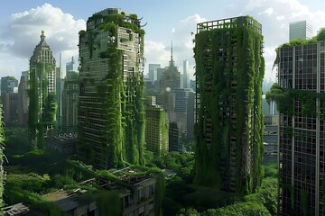 Two tall, abandoned buildings are heavily overgrown with vines and vegetation, showcasing a postapocalyptic or abandoned city scene. A futuristic cityscape is visible in the background.