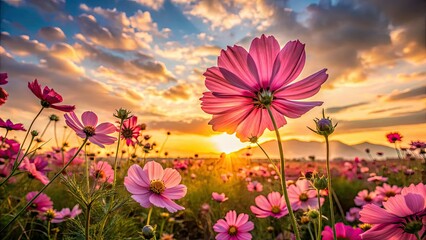 Fototapeta premium Golden hour bathes a retro cosmos field in pink, vintage blooms painting an autumnal meadow.