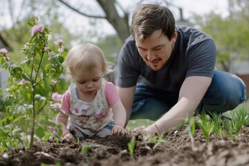 A father showing his baby daughter how to dig and plant a tree, both surrounded by the beauty of their garden.