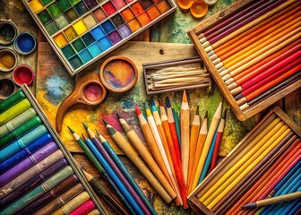 Vintage Rainbow Art Supplies Flat Lay: Overhead View of Colorful Creative Tools