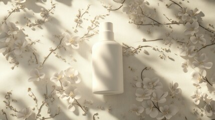 a bottle of lotion sitting on a table with flowers