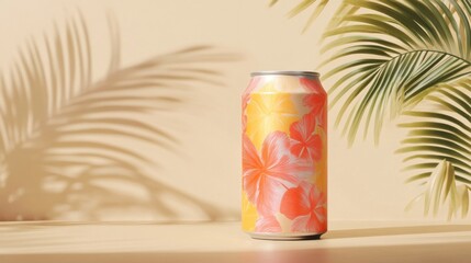 a can of soda sitting on a table