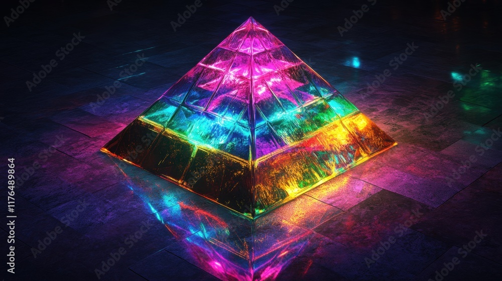 Poster glowing retro pyramid, vibrant reflections illuminating a dark surface, creating a captivating inter