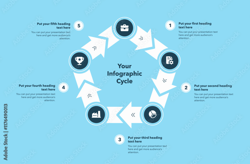Poster Infographic cycle template with five steps - blue version. Flat design with minimalistic icons and place for your texts.