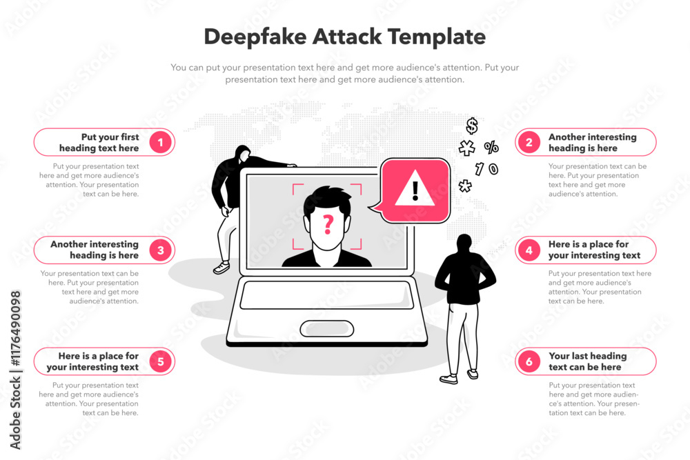 Poster simple infographic template for deepfake attack. 6 stages template with a laptop computer and a mani