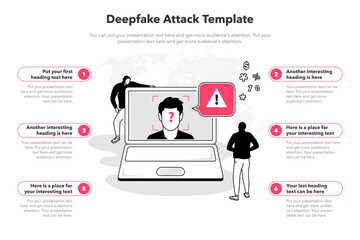 Simple infographic template for deepfake attack. 6 stages template with a laptop computer and a manipulated fake video.