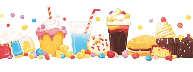 Excessive Sugar Consumption, vibrant display of candies, soda, pastries illustrating the impact of high sugar diets on health