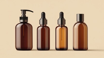 three brown glass bottles with black caps and a pump