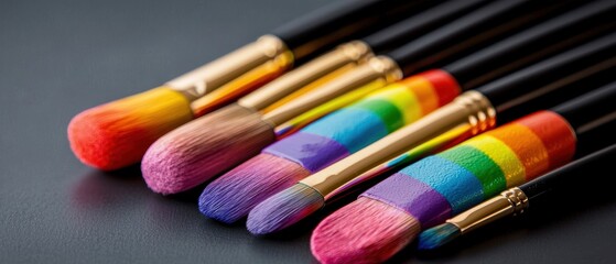 Fototapeta premium A vibrant array of makeup brushes featuring colorful bristles, displayed against a dark background, showcasing artistic design and creativity.