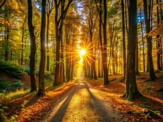 Obraz premium Golden hour bathes a sunlit forest path, creating a magical silhouette scene.