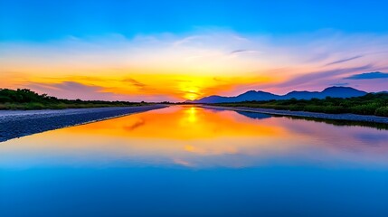 Fototapeta premium A breathtaking sunset reflecting perfectly on the still waters of a river.