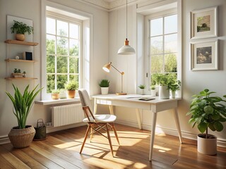 Vintage Scandinavian Home Office: Minimalist White Desk & Natural Light