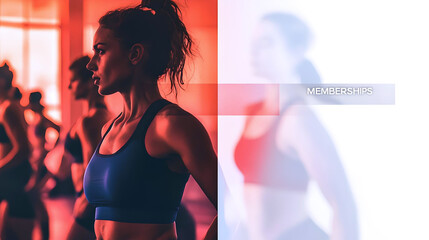 Gym Membership concept, Focused woman in fitness class with red tones