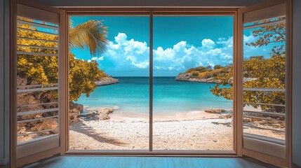 Tropical beach view from open doors.