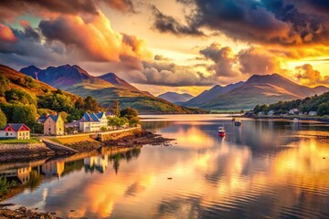 Fototapeta premium Vintage Scottish Highlands Landscape: Kyle of Lochalsh Sunset