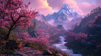 Fototapeta premium A serene mountain range under a soft sunrise glow, pink and peach hues reflecting on the snow-capped peaks, scattered cherry blossom trees blooming in the foreground