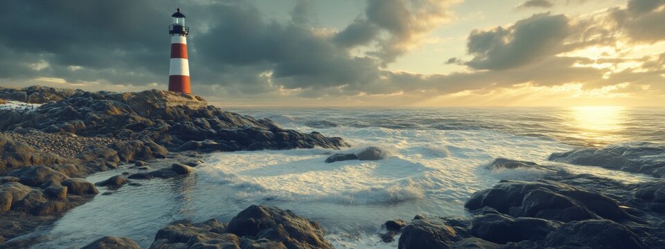 Coastal Guardian, a sturdy lighthouse stands sentinel over a rugged shoreline, waves crashing against the rocks, guiding sailors home