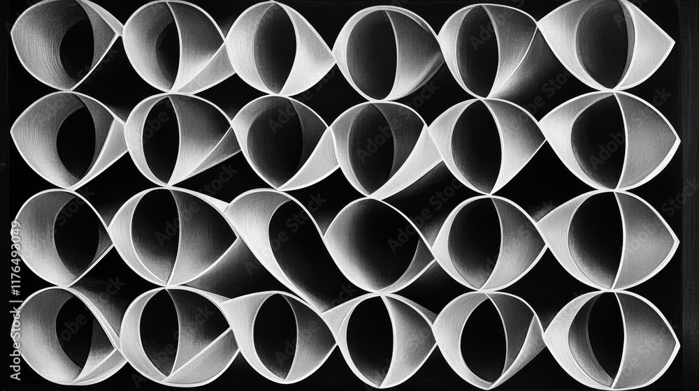 Poster black and white orbiting atoms or planets forming elliptical orbits in a repeat seamless pattern in 