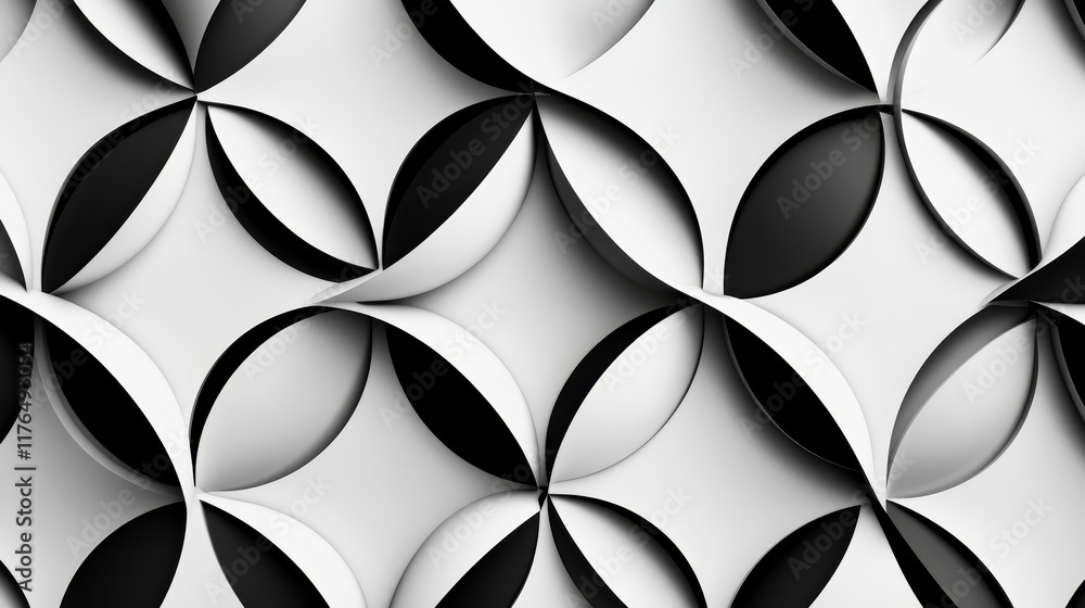 Poster black and white orbiting atoms or planets forming elliptical orbits in a repeat seamless pattern in 