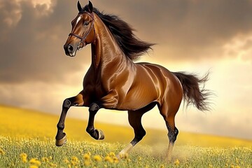 Obraz premium Chestnut horse galloping field sunset