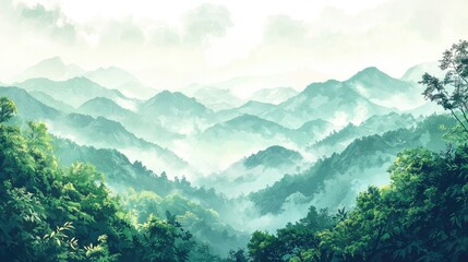 Generate a calm and serene nature-inspired AI background with lush greenery, misty mountains, and gentle skies for a peaceful vibe   
