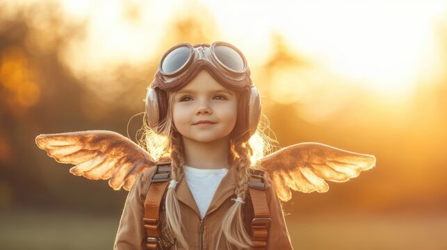 Little girl dressed as a pilot, wearing toy airplane wings, embodying dreams of flight and adventure, playful imagination, whimsical spirit