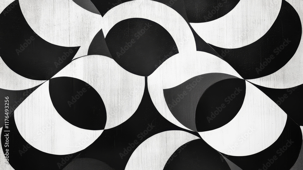Poster black and white orbiting atoms or planets forming elliptical orbits in a repeat seamless pattern in 