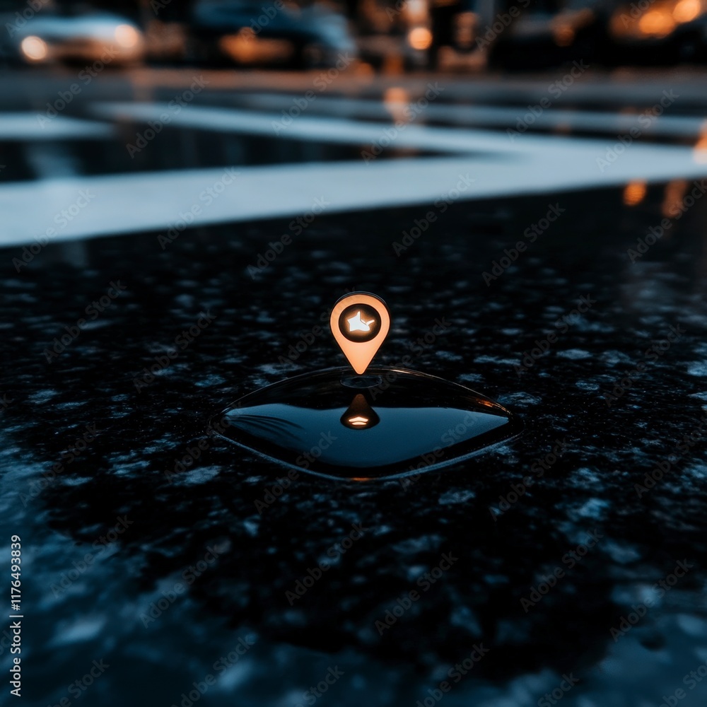 Poster illuminated gps location pin on car navigation map tracking ride sharing app