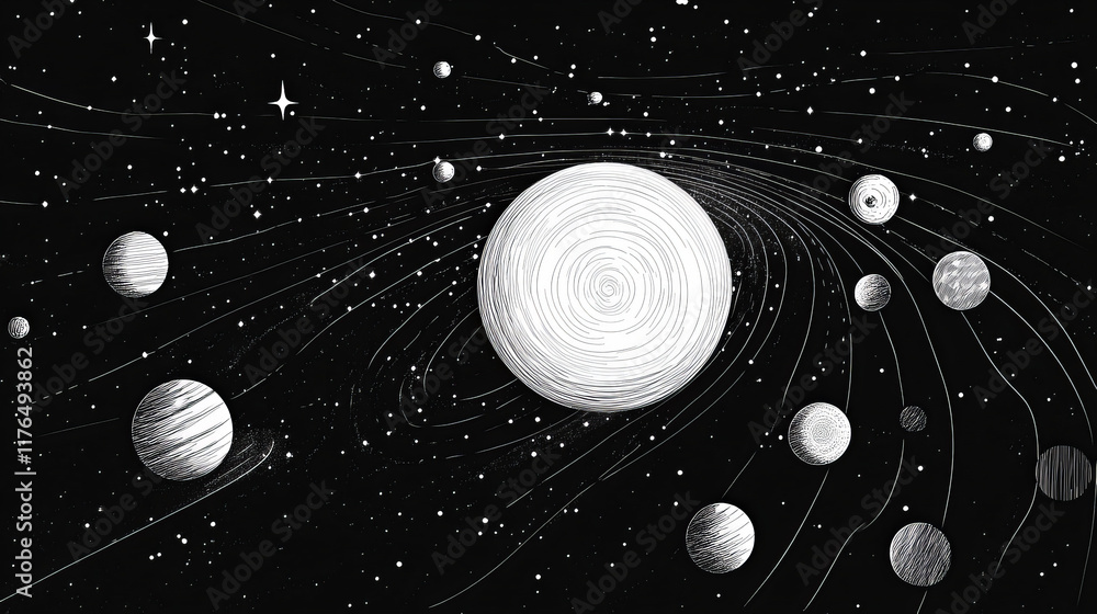 Poster orbiting atoms or planets moving in elliptical orbits around a central sphere, black and white illus
