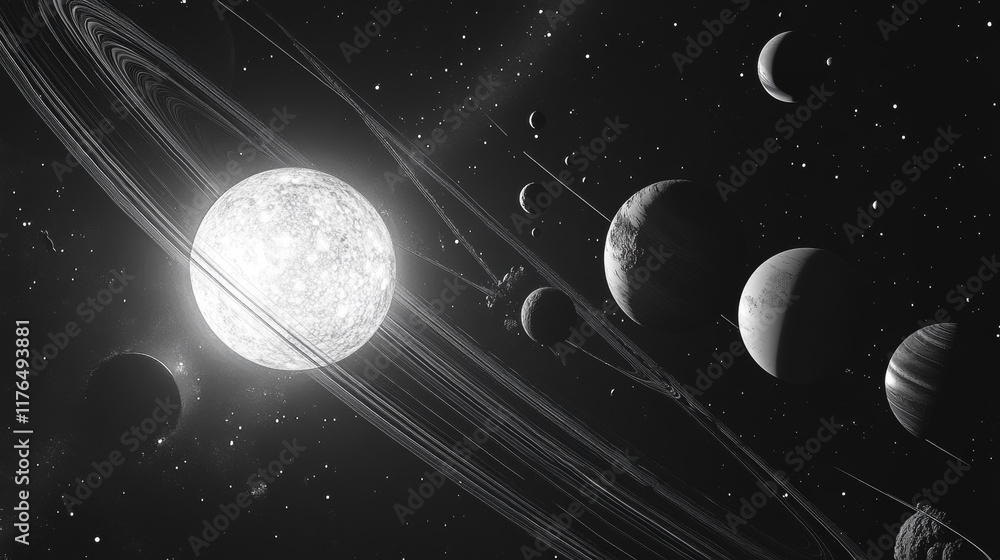 Poster orbiting atoms or planets moving in elliptical orbits around a central sphere, black and white illus