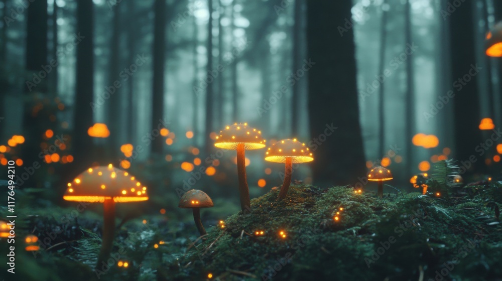 Poster enchanted forest filled with luminous mushrooms, shimmering light filtering through leaves, creating