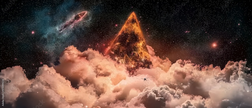 Poster surreal space mountain cosmic cloudscape with nebula and spaceship