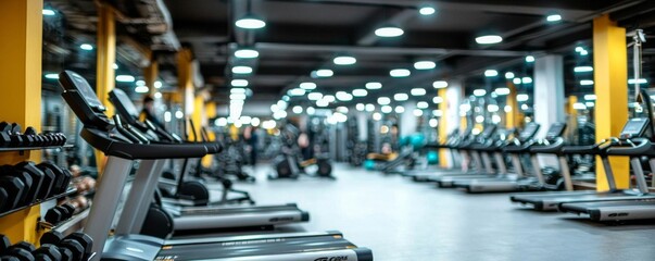 Blurred photo of a gym with people on treadmills , isolated on white background,  , copy space for text,