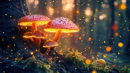 Fototapeta na wymiar Enchanted Forest with Luminescent Fungi, a mystical landscape illuminated by otherworldly light, vibrant colors and enchanting flora abound