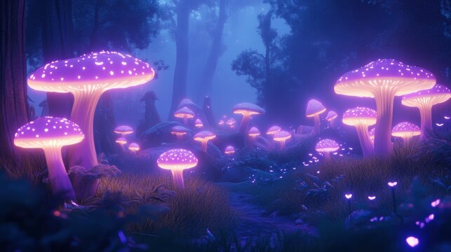 Enchanted woodland, bioluminescent fungi, mystical illumination, serene atmosphere, vibrant colors, captivating scenery, nature's wonder