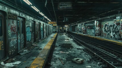 A desolate subway station with graffiti and debris, evoking urban decay and neglect.