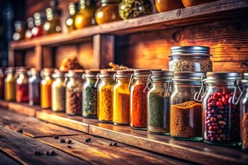 Vintage Spice Jars on Wooden Shelf, Colorful Kitchen Decor, Rustic Style