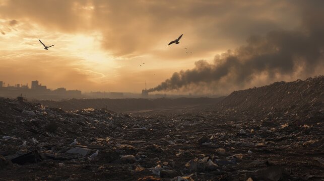 Endless Landfill Under Smoky Sky, vast waste accumulation, seagulls in flight, environmental impact, urban decay, somber atmosphere
