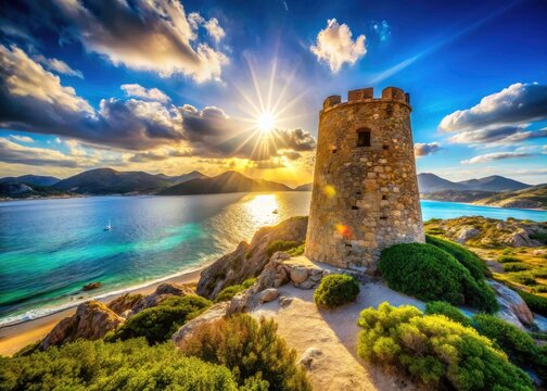 Sardinian Coastal Watchtower: Porto Giunco's Majestic Stone Tower, Villasimius, Italy - Stunning Portrait Photography