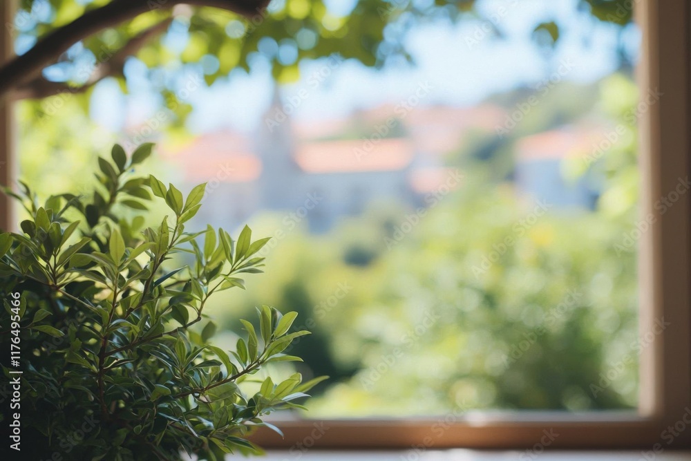 Aufkleber city view blurred background. office and window view background, bokeh and copy space , isolated on 