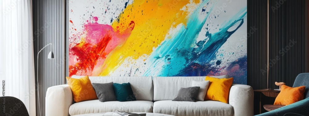 Poster vibrant abstract expression, bold colors collide in a dynamic composition, energizing the space with