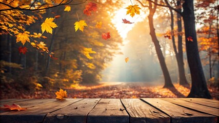 Naklejka na ściany i meble Autumn Forest with Golden Light, Vibrant Leaves, and Wooden Deck V11