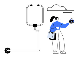 Woman holding a small bag and carrying shopping bags while sitting next to cable car. Cloud in sky. Key themes transportation, shopping, travel, leisure, urban life, modern lifestyle, consumerism