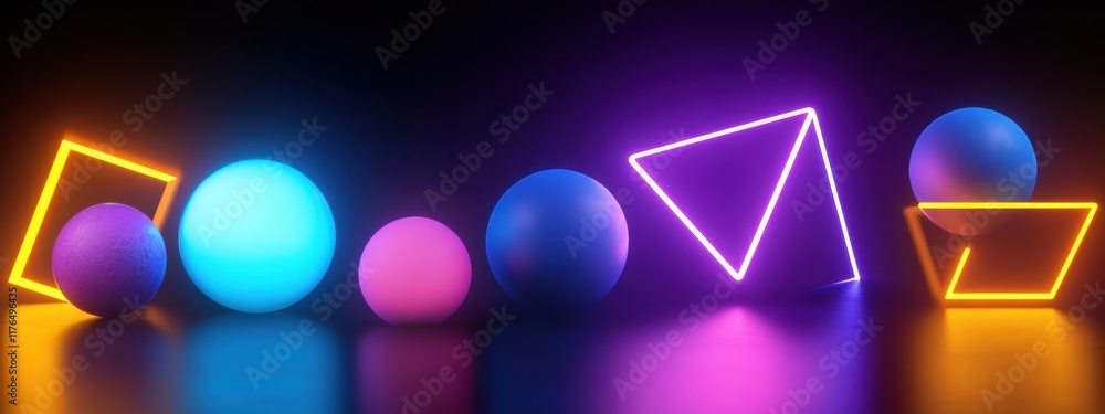 Poster neon geometric abstraction, vibrant shapes suspended in a deep void, illuminating the darkness with 