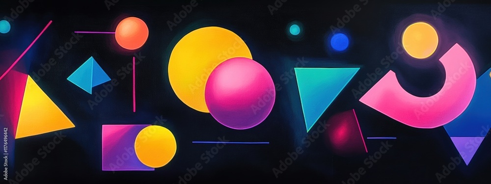 Poster neon geometry in darkness, vibrant abstract shapes suspended in an infinite dark space, creating a m
