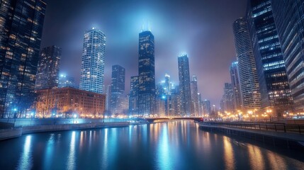 a city at night with a river running through it