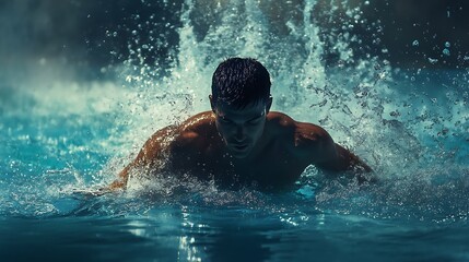 Muscular man swimming underwater, powerful strokes, splashing water, intense focus.