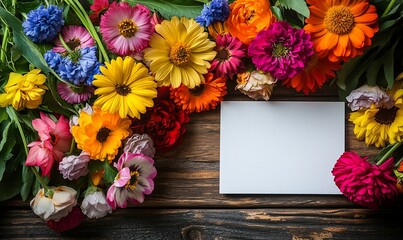 Colorful flowers, blank card, wood background; greeting card design