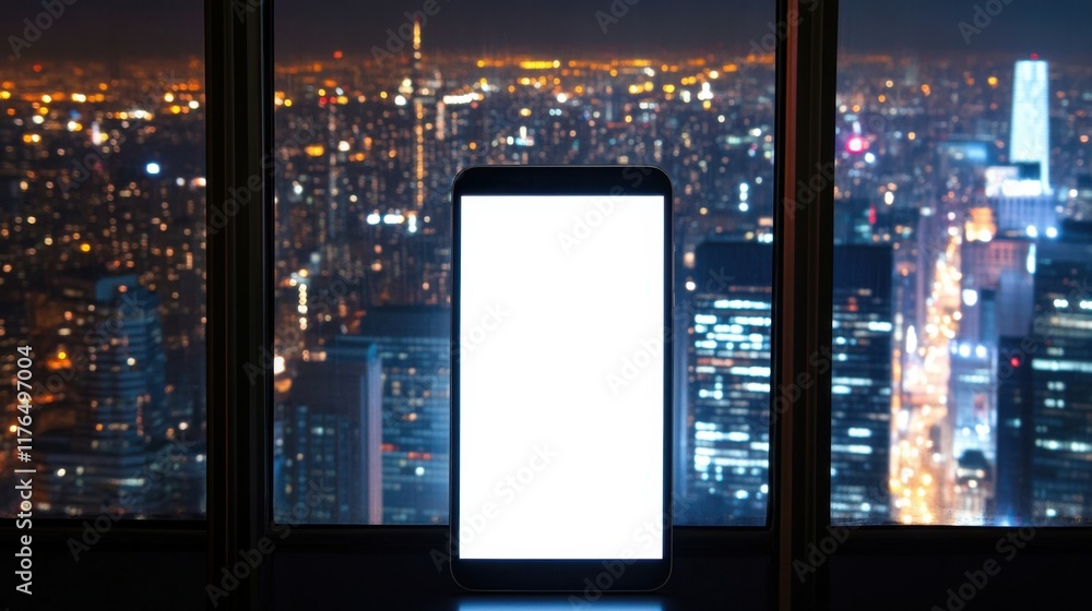 Poster a cell phone sitting on top of a table in front of a window