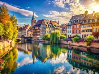 Naklejka premium Vintage Strasbourg: Lake View Summer Day, France - Scenic Cityscape